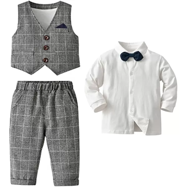 imageIDOPIP Toddler Kids Baby Boys Fall Winter Outfits Long Sleeve Shirt with Bowtie  Vest Waistcoat Long Pants Overalls ClothesGray Plaid