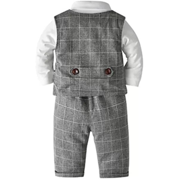 imageIDOPIP Toddler Kids Baby Boys Fall Winter Outfits Long Sleeve Shirt with Bowtie  Vest Waistcoat Long Pants Overalls ClothesGray Plaid