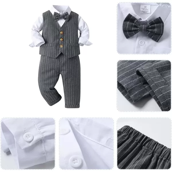 imageIDOPIP Toddler Kids Baby Boys Fall Winter Outfits Long Sleeve Shirt with Bowtie  Vest Waistcoat Long Pants Overalls ClothesGray Striped