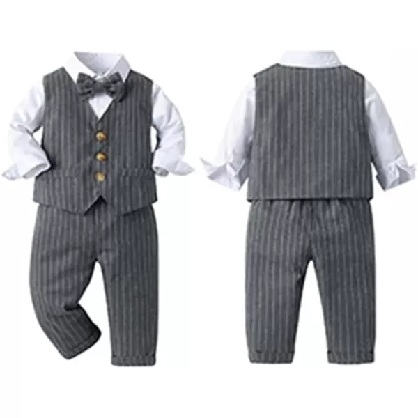 imageIDOPIP Toddler Kids Baby Boys Fall Winter Outfits Long Sleeve Shirt with Bowtie  Vest Waistcoat Long Pants Overalls ClothesGray Striped