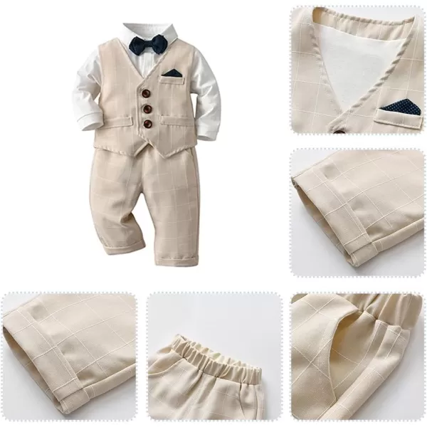 imageIDOPIP Toddler Kids Baby Boys Fall Winter Outfits Long Sleeve Shirt with Bowtie  Vest Waistcoat Long Pants Overalls ClothesKhaki