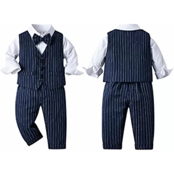 imageIDOPIP Toddler Kids Baby Boys Fall Winter Outfits Long Sleeve Shirt with Bowtie  Vest Waistcoat Long Pants Overalls ClothesNavy Blue Striped