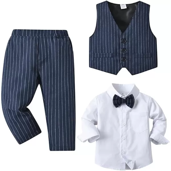 imageIDOPIP Toddler Kids Baby Boys Fall Winter Outfits Long Sleeve Shirt with Bowtie  Vest Waistcoat Long Pants Overalls ClothesNavy Blue Striped