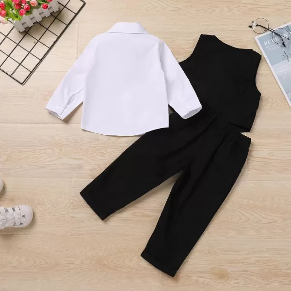 imageIDOPIP Toddler Kids Baby Boys Fall Winter Outfits Long Sleeve Shirt with Bowtie  Vest Waistcoat Long Pants Overalls ClothesWhite  Black