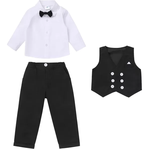 imageIDOPIP Toddler Kids Baby Boys Fall Winter Outfits Long Sleeve Shirt with Bowtie  Vest Waistcoat Long Pants Overalls ClothesWhite  Black