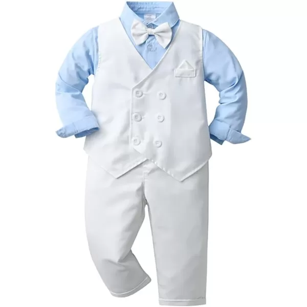 imageIDOPIP Toddler Kids Baby Boys Fall Winter Outfits Long Sleeve Shirt with Bowtie  Vest Waistcoat Long Pants Overalls ClothesWhite  Blue