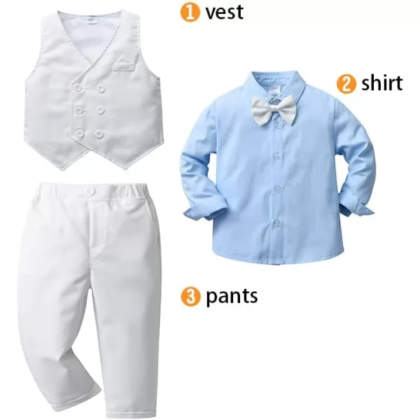 imageIDOPIP Toddler Kids Baby Boys Fall Winter Outfits Long Sleeve Shirt with Bowtie  Vest Waistcoat Long Pants Overalls ClothesWhite  Blue