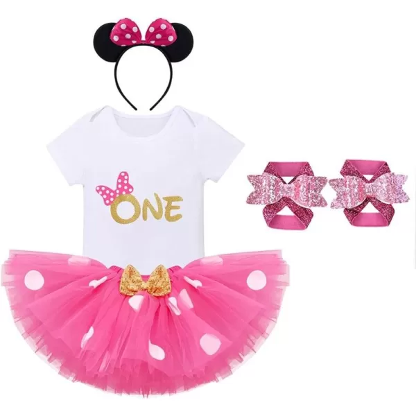 image1st Birthday Girl Outfit Baby Mini Mouse Costume Polka Dot Bow Romper Tutu Skirt Headband Sequins Barefoot Santdals 4PCS Clothes for Cake Smash Photo Shoot Party Supplies Hot Pink  One 1 Year