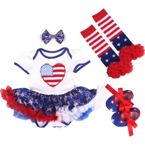 imageBaby Girls 1st 4th of July Outfit American Flag Romper Stars Striped Tutu Dress Skirt  Headband  Leg Warmers  Shoes Independence day Patriotic Party Birthday Cake Smash Clothes 4pcs Set White 612M