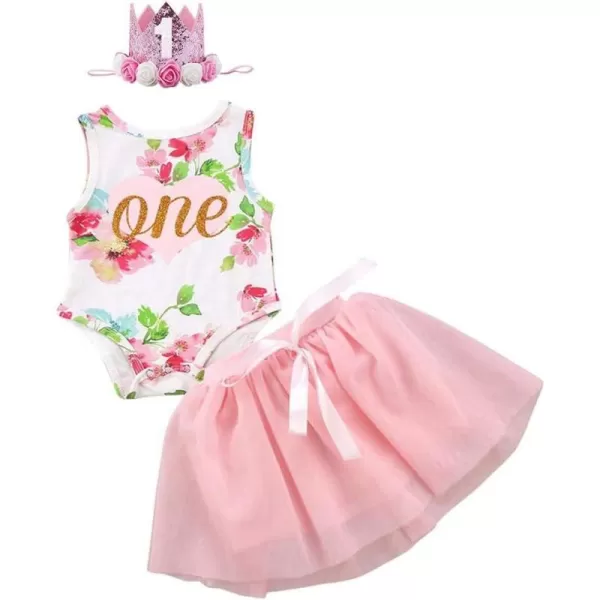 imageBaby Girls 1st Birthday Outfit Floral One Heart Romper Tutu Skirt Sequins Headband Party Dress Cake Smash Clothes Set