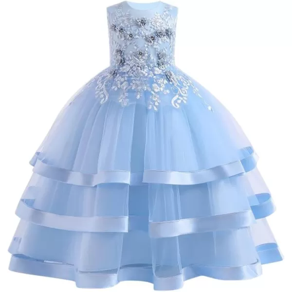 imageFlower Girl Lace Dress for Kids Wedding Bridesmaid Pageant Formal Long Prom Gown Princess Communion Puffy Tulle DressesLight Blue