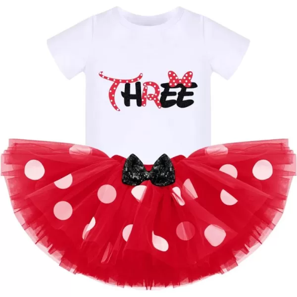 imageIDOPIP 3rd Birthday Girl Outfit Baby Shirt Polka Dots Tutu Skirt Ear Headband for 3 Year Old Princess Cake Smash Photo PropRed  Sequins