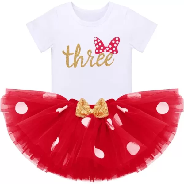 imageIDOPIP 3rd Birthday Girl Outfit Baby Shirt Polka Dots Tutu Skirt Ear Headband for 3 Year Old Princess Cake Smash Photo PropRed  Three