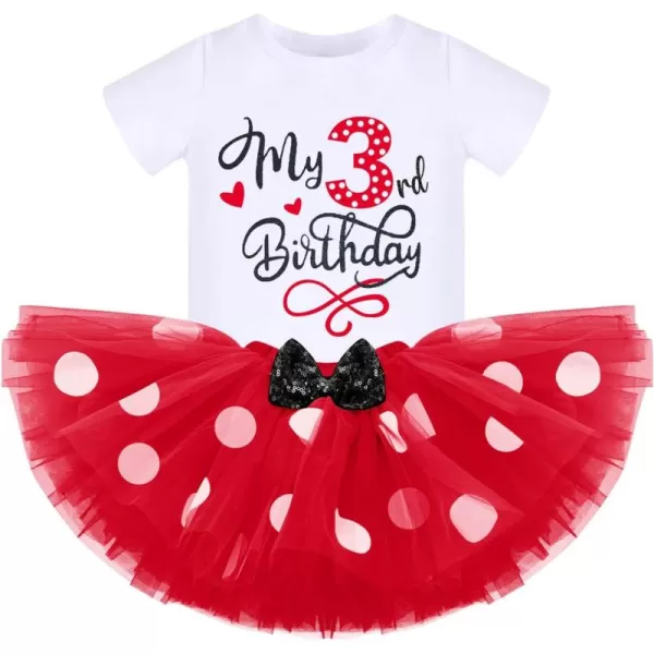 imageIDOPIP 3rd Birthday Girl Outfit Baby Shirt Polka Dots Tutu Skirt Ear Headband for 3 Year Old Princess Cake Smash Photo PropRed 3rd Birthday