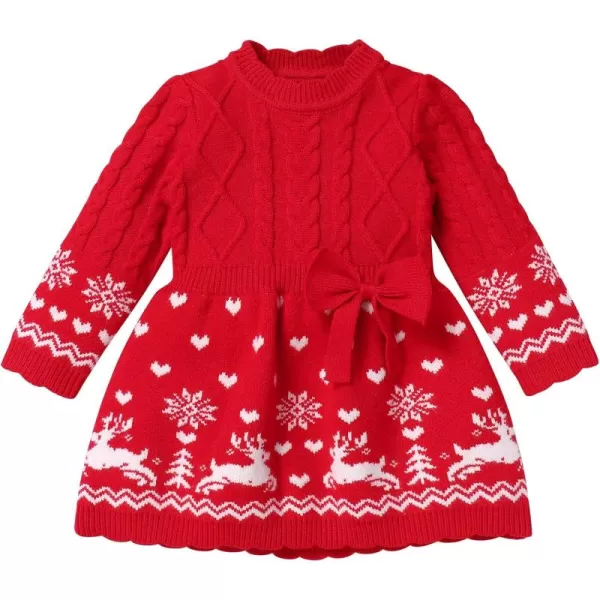 imageIDOPIP Infant Girls Knit Sweater Dress Christmas Crochet Pullover Dress Toddler Winter Long Sleeve Ribbed Reindeer Tutu DressRed