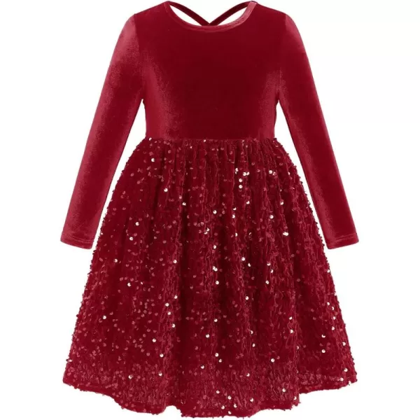 imageIDOPIP Sequin Velvet Dress for Girls Toddler Baby Long Sleeve Fall Dresses Princess Christmas Birthday Party Sparkly DressesDark Red