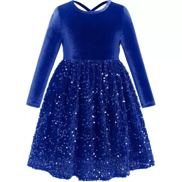 imageIDOPIP Sequin Velvet Dress for Girls Toddler Baby Long Sleeve Fall Dresses Princess Christmas Birthday Party Sparkly DressesRoyal Blue