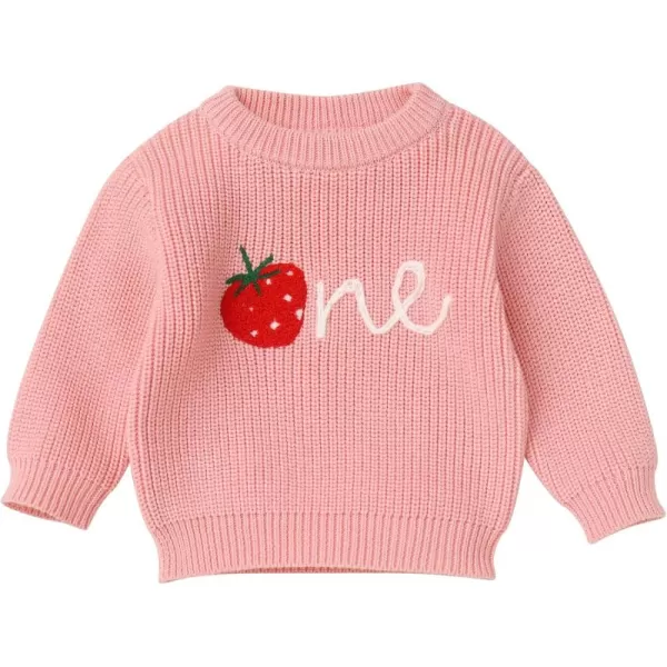 imageIDOPIP Toddler Baby Girls First Birthday Outfit Boho Embroidery One Sweater Top Knit Pullover Sweatshirt Fall Winter ClothesPink One  Strawberry