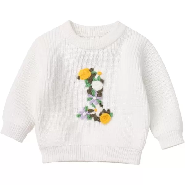 imageIDOPIP Toddler Baby Girls First Birthday Outfit Boho Embroidery One Sweater Top Knit Pullover Sweatshirt Fall Winter ClothesWhite 1st  Flower