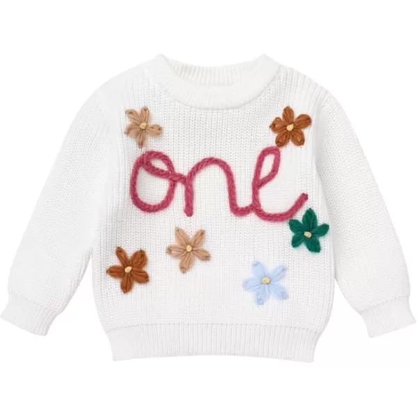 imageIDOPIP Toddler Baby Girls First Birthday Outfit Boho Embroidery One Sweater Top Knit Pullover Sweatshirt Fall Winter ClothesWhite One  Flower