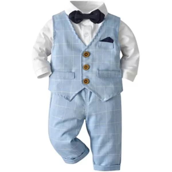 imageIDOPIP Toddler Kids Baby Boys Fall Winter Outfits Long Sleeve Shirt with Bowtie  Vest Waistcoat Long Pants Overalls ClothesBlue Plaid