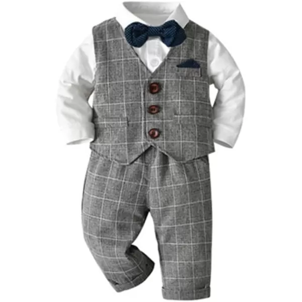 imageIDOPIP Toddler Kids Baby Boys Fall Winter Outfits Long Sleeve Shirt with Bowtie  Vest Waistcoat Long Pants Overalls ClothesGray Plaid