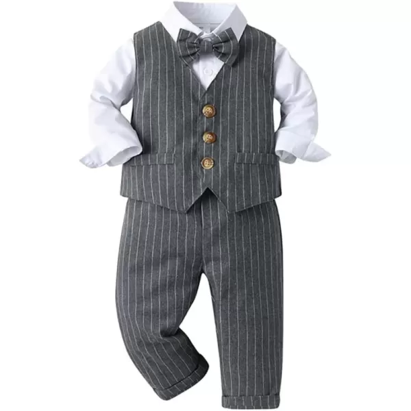 imageIDOPIP Toddler Kids Baby Boys Fall Winter Outfits Long Sleeve Shirt with Bowtie  Vest Waistcoat Long Pants Overalls ClothesGray Striped