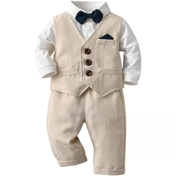 imageIDOPIP Toddler Kids Baby Boys Fall Winter Outfits Long Sleeve Shirt with Bowtie  Vest Waistcoat Long Pants Overalls ClothesKhaki