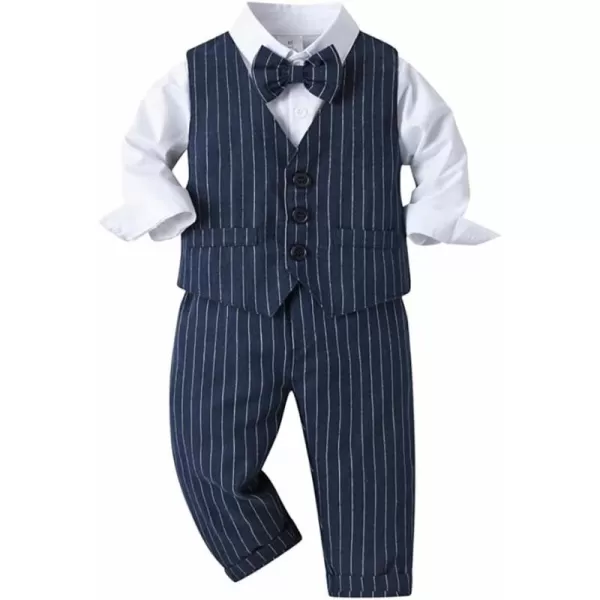 imageIDOPIP Toddler Kids Baby Boys Fall Winter Outfits Long Sleeve Shirt with Bowtie  Vest Waistcoat Long Pants Overalls ClothesNavy Blue Striped