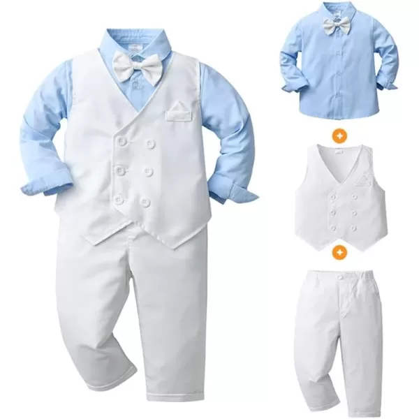 imageIDOPIP Toddler Kids Baby Boys Fall Winter Outfits Long Sleeve Shirt with Bowtie  Vest Waistcoat Long Pants Overalls ClothesWhite  Blue