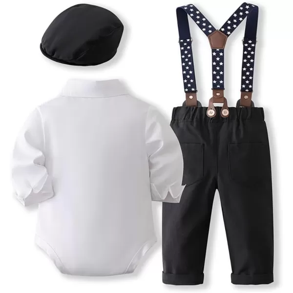 imageIDOPIP Baptism Outfits for Boys Baby Toddler Gentleman Outfit 5PCS Bowtie Romper Shirt Suspender Pants Hat Formal Tuxedo SuitBlack  Beret