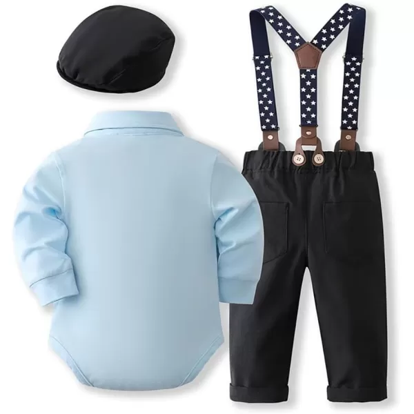 imageIDOPIP Baptism Outfits for Boys Baby Toddler Gentleman Outfit 5PCS Bowtie Romper Shirt Suspender Pants Hat Formal Tuxedo SuitBlue  Beret