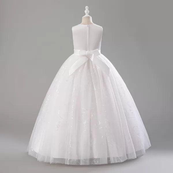 imageIDOPIP Sequin Appliques Flower Girl Dress for Kids Wedding Pageant Party Long Gown Princess Birthday Communion Tulle DressesWhite