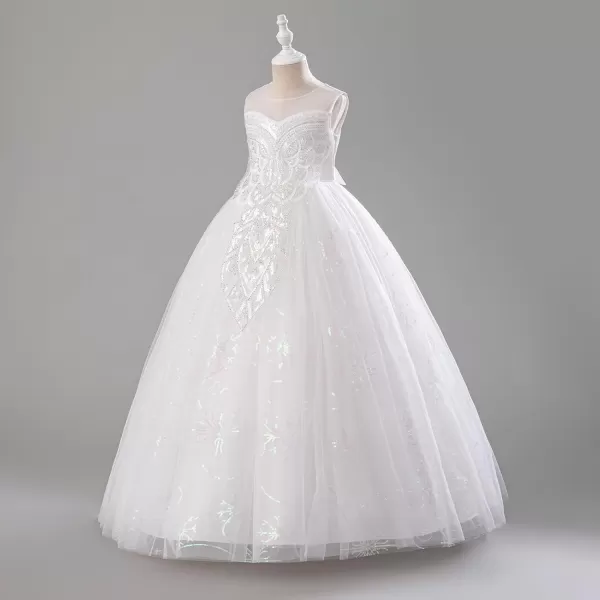 imageIDOPIP Sequin Appliques Flower Girl Dress for Kids Wedding Pageant Party Long Gown Princess Birthday Communion Tulle DressesWhite