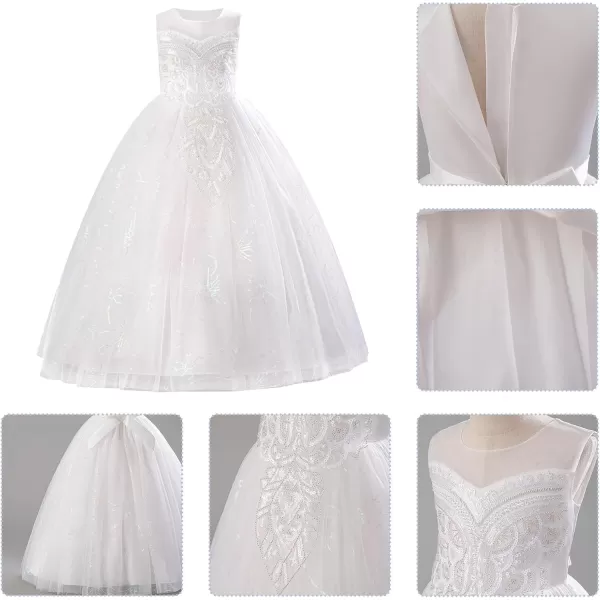 imageIDOPIP Sequin Appliques Flower Girl Dress for Kids Wedding Pageant Party Long Gown Princess Birthday Communion Tulle DressesWhite