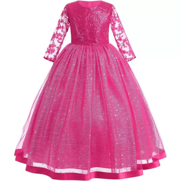 imageFlower Girl Sequins Dress 34 Sleeves Maxi Gown for Kids Party Wedding Bridesmaid Princess Pageant Long Tulle Dresses