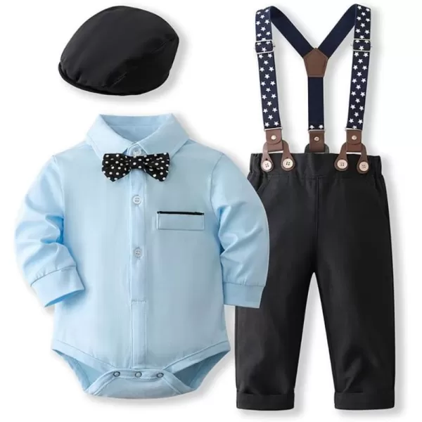 imageIDOPIP Baptism Outfits for Boys Baby Toddler Gentleman Outfit 5PCS Bowtie Romper Shirt Suspender Pants Hat Formal Tuxedo SuitBlue  Beret