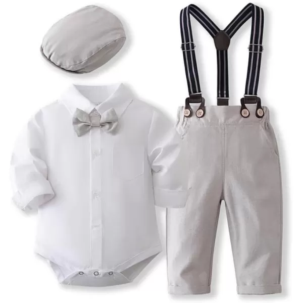 imageIDOPIP Baptism Outfits for Boys Baby Toddler Gentleman Outfit 5PCS Bowtie Romper Shirt Suspender Pants Hat Formal Tuxedo SuitGray  Beret