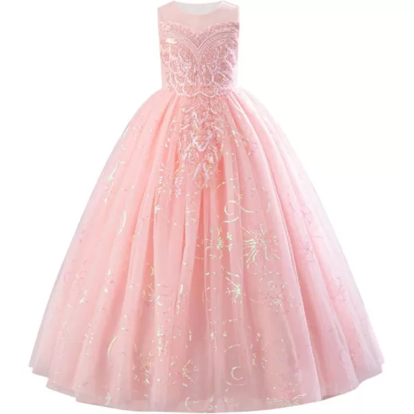 imageIDOPIP Sequin Appliques Flower Girl Dress for Kids Wedding Pageant Party Long Gown Princess Birthday Communion Tulle DressesPink