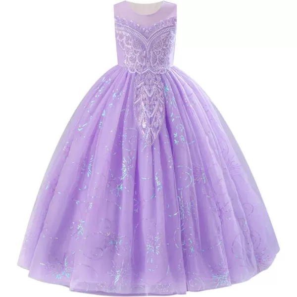 imageIDOPIP Sequin Appliques Flower Girl Dress for Kids Wedding Pageant Party Long Gown Princess Birthday Communion Tulle DressesPurple