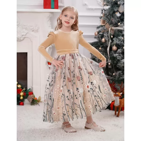 imageIDOPIP Embroidery Flower Girl Velvet Tutu Dress for Kids Princess Birthday Party Pageant Wedding Dresses Fall Winter ClothesChampagne