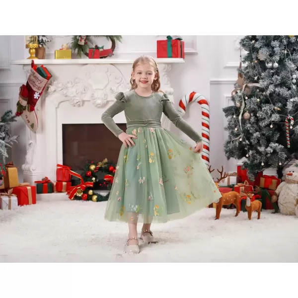 imageIDOPIP Embroidery Flower Girl Velvet Tutu Dress for Kids Princess Birthday Party Pageant Wedding Dresses Fall Winter ClothesGreen