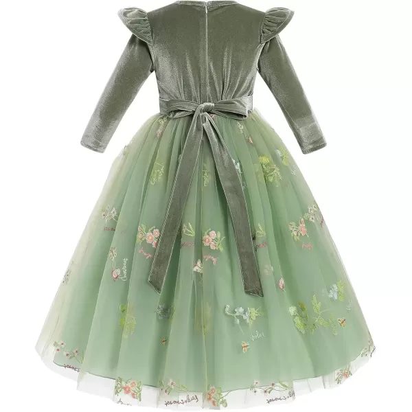 imageIDOPIP Embroidery Flower Girl Velvet Tutu Dress for Kids Princess Birthday Party Pageant Wedding Dresses Fall Winter ClothesGreen