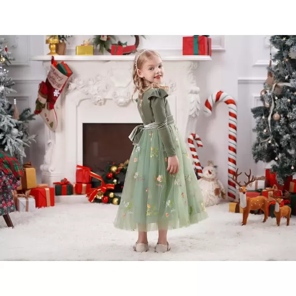 imageIDOPIP Embroidery Flower Girl Velvet Tutu Dress for Kids Princess Birthday Party Pageant Wedding Dresses Fall Winter ClothesGreen