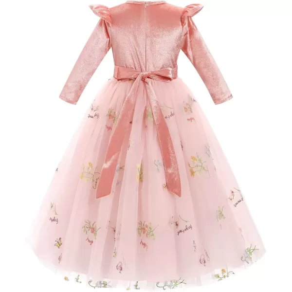 imageIDOPIP Embroidery Flower Girl Velvet Tutu Dress for Kids Princess Birthday Party Pageant Wedding Dresses Fall Winter ClothesPink