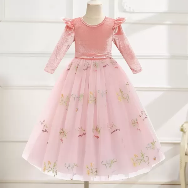 imageIDOPIP Embroidery Flower Girl Velvet Tutu Dress for Kids Princess Birthday Party Pageant Wedding Dresses Fall Winter ClothesPink