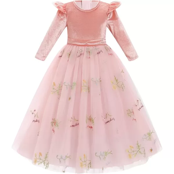 imageIDOPIP Embroidery Flower Girl Velvet Tutu Dress for Kids Princess Birthday Party Pageant Wedding Dresses Fall Winter ClothesPink