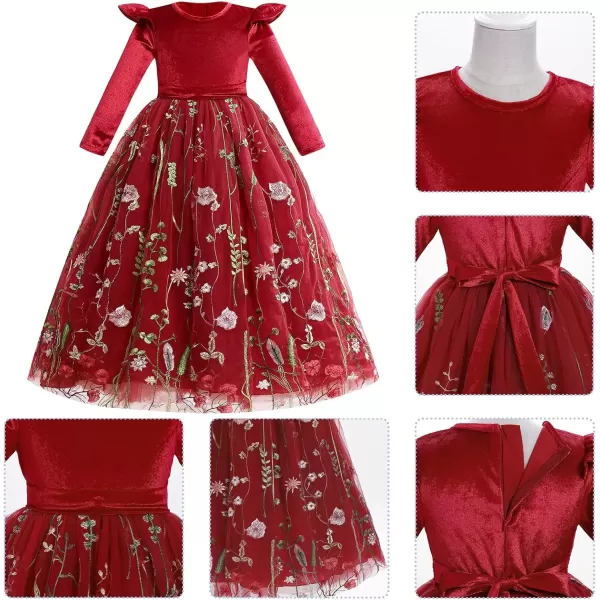 imageIDOPIP Embroidery Flower Girl Velvet Tutu Dress for Kids Princess Birthday Party Pageant Wedding Dresses Fall Winter ClothesWine Red
