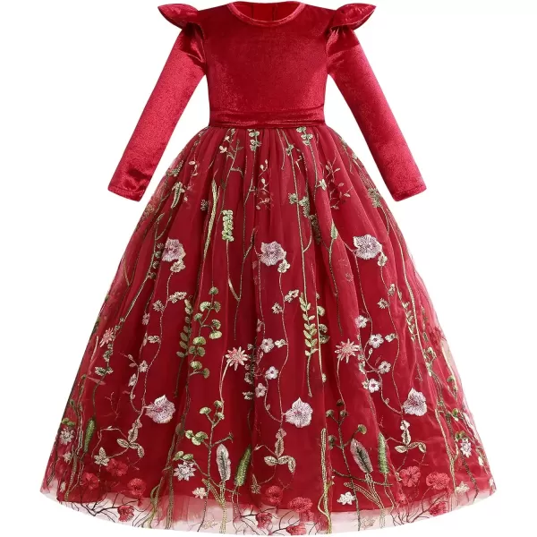 imageIDOPIP Embroidery Flower Girl Velvet Tutu Dress for Kids Princess Birthday Party Pageant Wedding Dresses Fall Winter ClothesWine Red