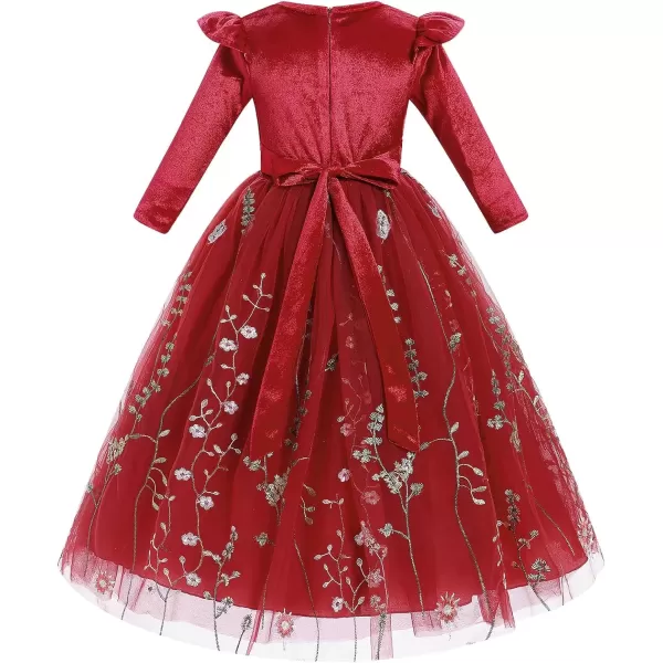 imageIDOPIP Embroidery Flower Girl Velvet Tutu Dress for Kids Princess Birthday Party Pageant Wedding Dresses Fall Winter ClothesWine Red